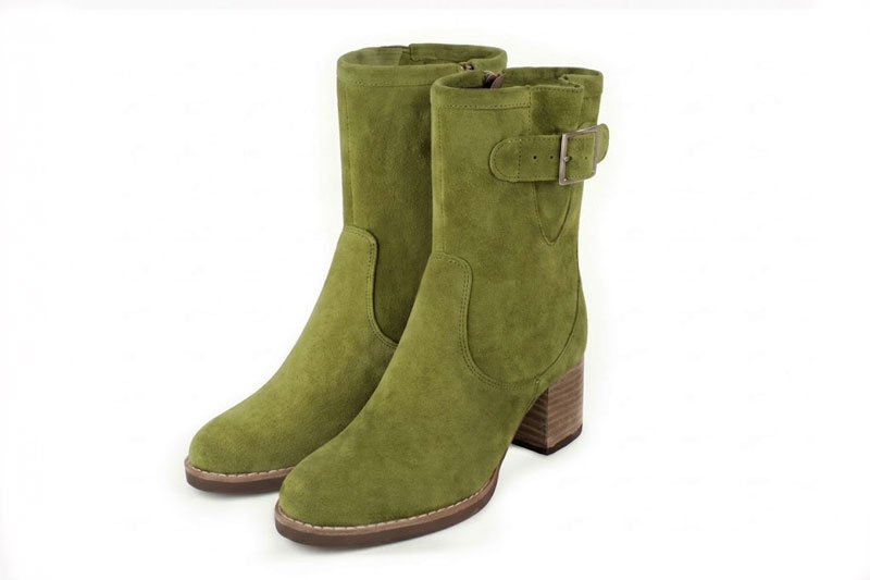 Classic leather ankle boots featuring adjustable side buckles and sleek hardware for secure support and timeless everyday style, in pistachio green leather with round toe and mid block heel